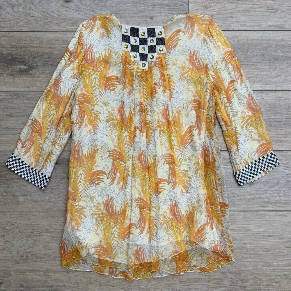 Calypso st‎ Barth Beaded Silk Split Neck Tunic Blouse Tropical Luxury Womens Med - Picture 8 of 16